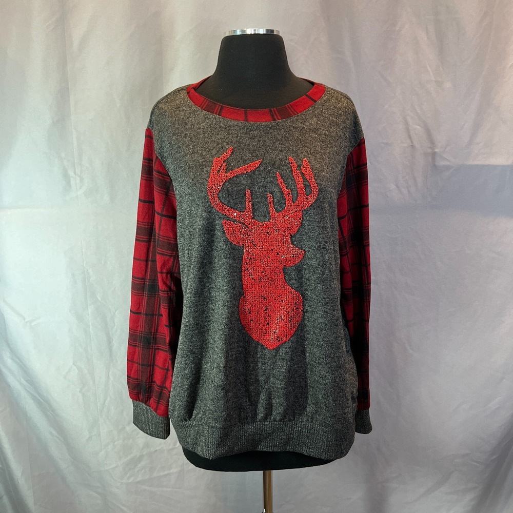 Tru Self Sweater Womens Multicolor Stretch Reindeer Embellished Ribbed Trim